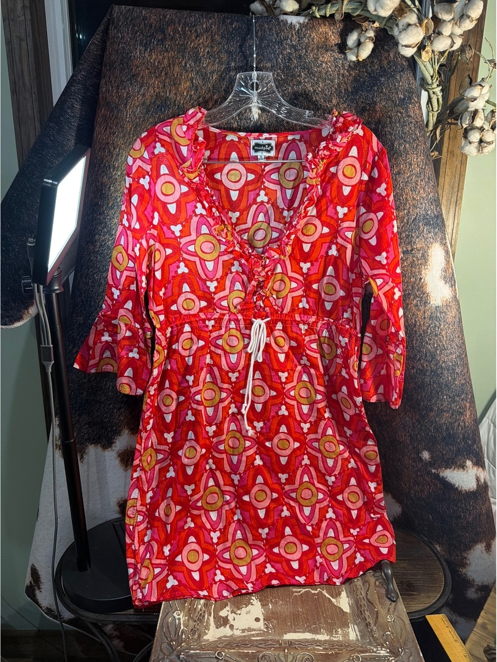 Mudpie Women's Red and Pink Patterned Casual Dress, Size M